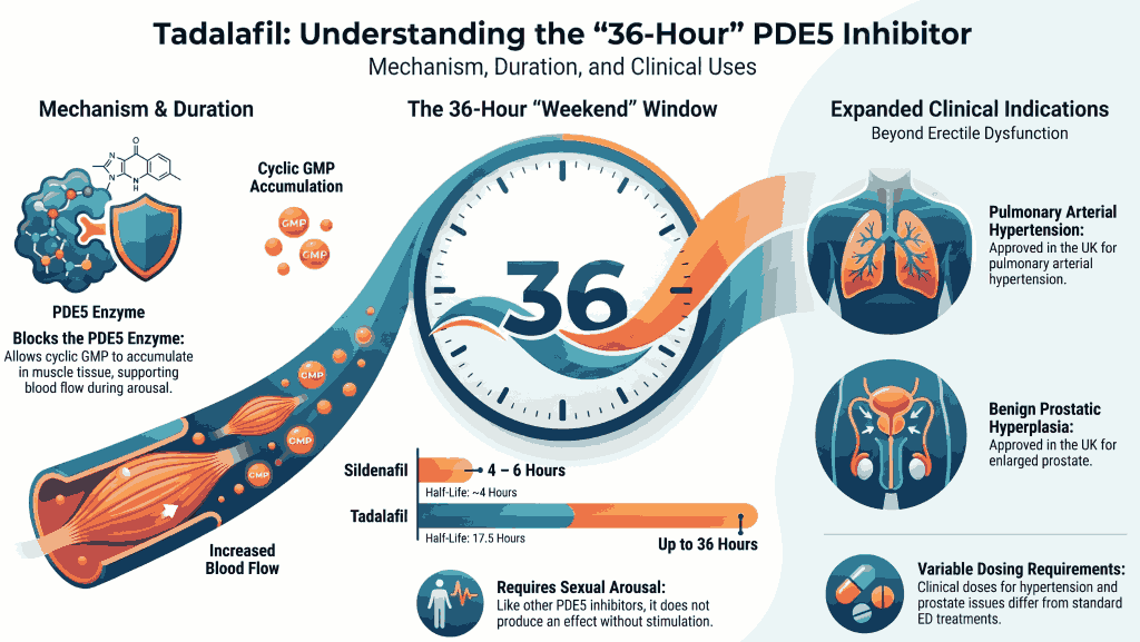 Tadalafil 36-hour PDE5 inhibitor guide showing mechanism, duration and clinical uses